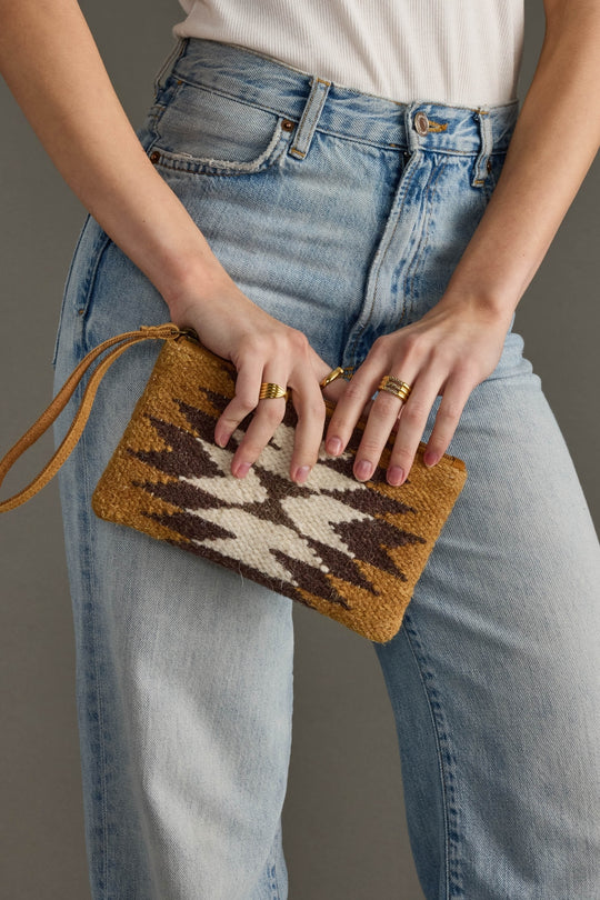 tan brown and cream western wristlet, aztec inspired wristlet, western inspired wristlet, neutral clutch