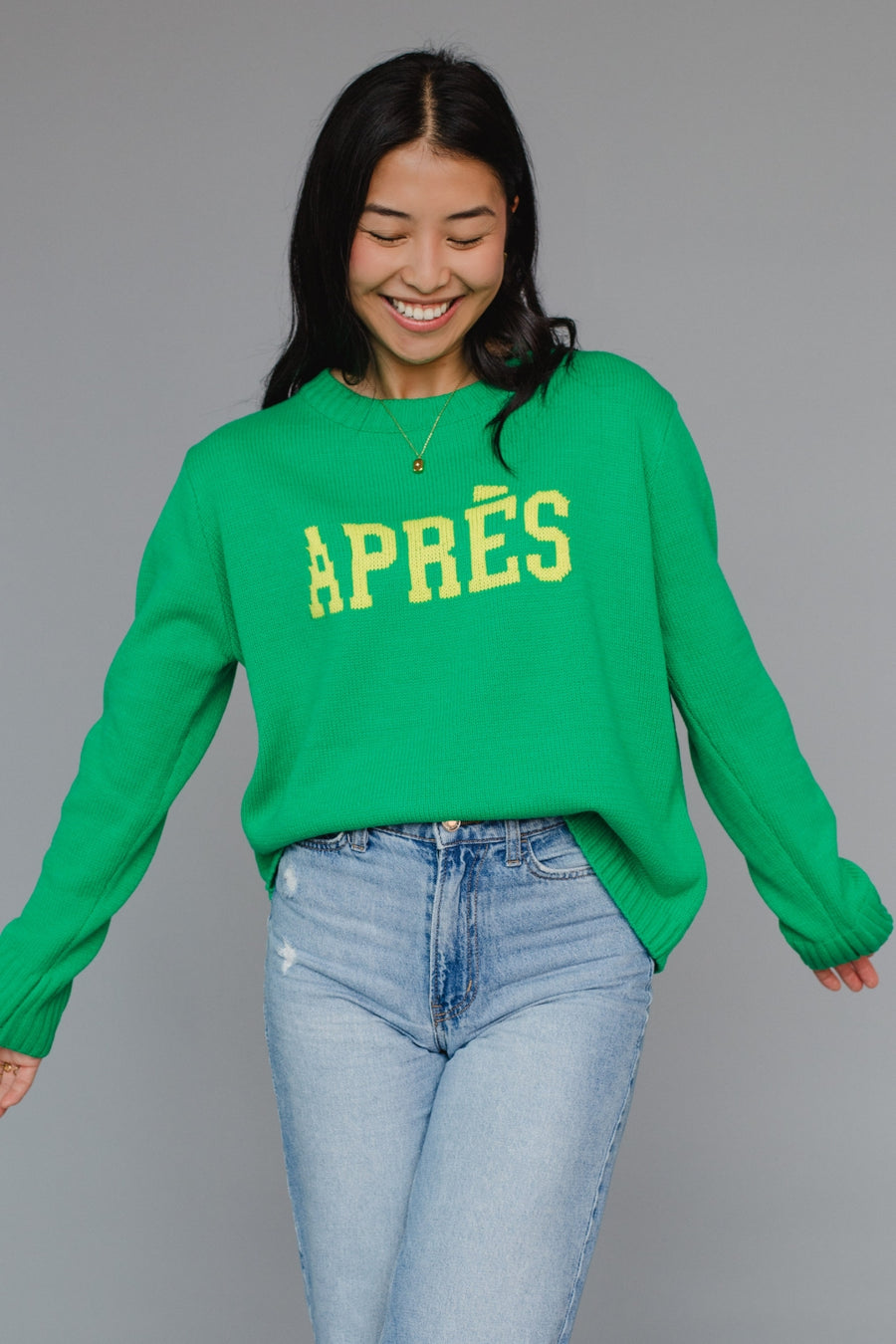 green and yellow apres sweater, apres sweater, green sweater, ski sweater, women's sweater