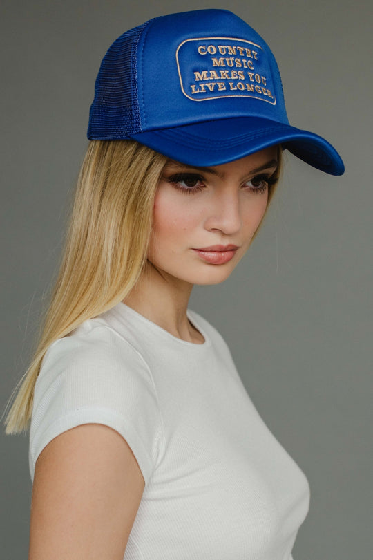 blue country music trucker hat, country music makes you live longer, blue trucker hat, country concert, women's trucker hat