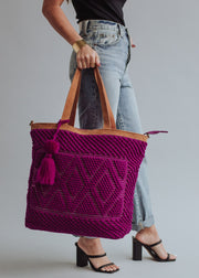 magenta tote bag, women's tote bag, travel bag, diamond pattern, tote bag, pom tassel, jewel tone