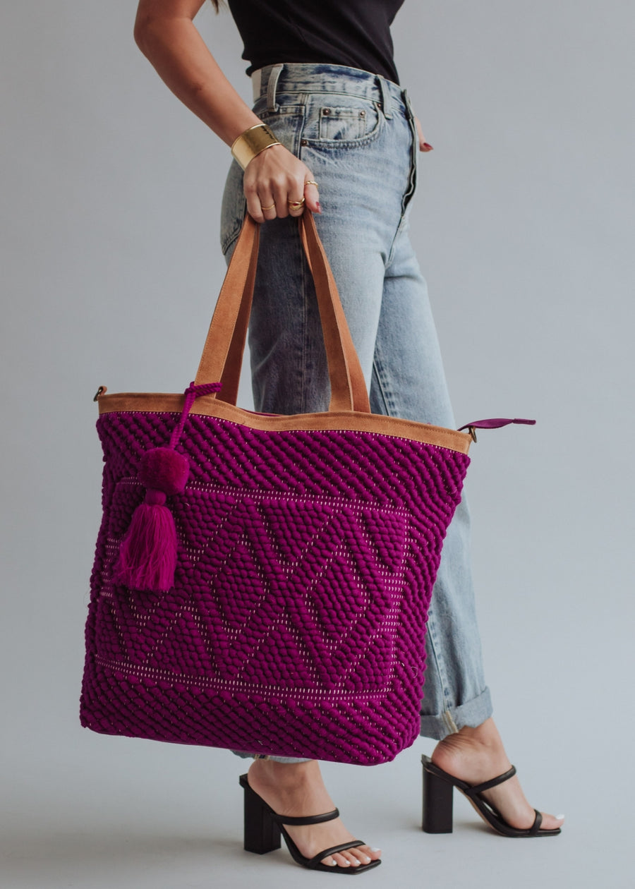 magenta tote bag, women's tote bag, travel bag, diamond pattern, tote bag, pom tassel, jewel tone