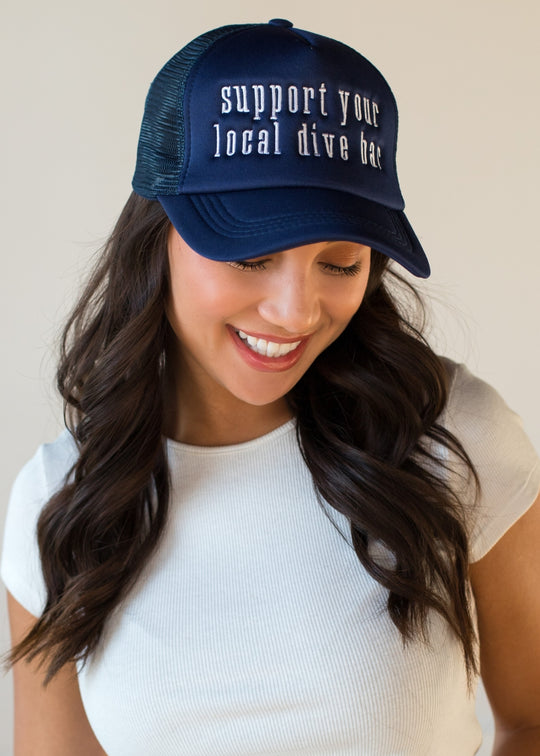 navy support your local dive bar trucker hat, dive bar hat, navy trucker hat, women's trucker hat