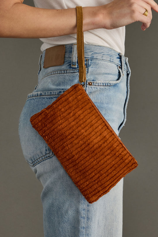rust corduroy wristlet
