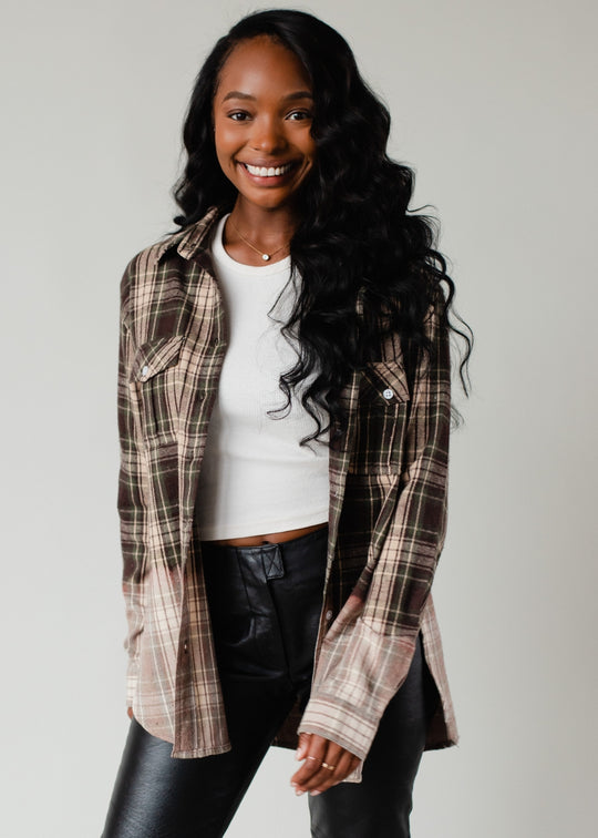 green, tan and black plaid flannel