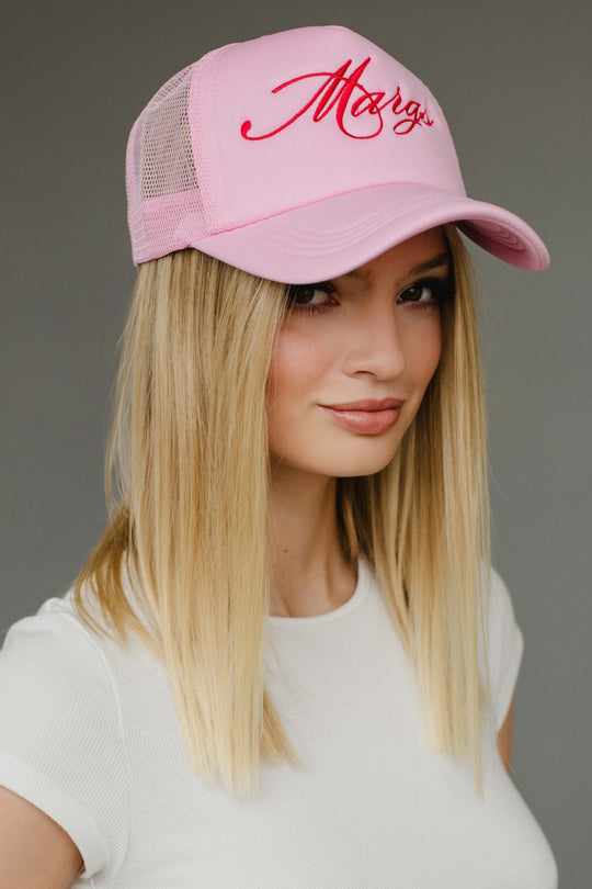 pink margs trucker hat, light pink trucker hat, margs, margs trucker hat, colorful trucker hat