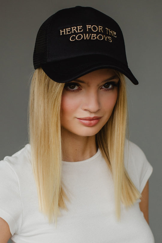 black here for the cowboys trucker hat, here for the cowboys, black trucker hat, women's trucker hat