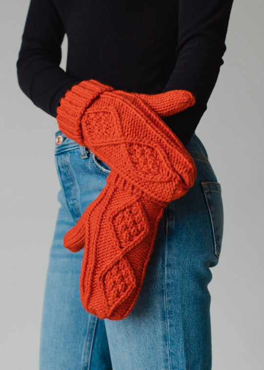 orange cable knit mittens