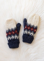 Pair of knit mittens with a pattern on a white textured background