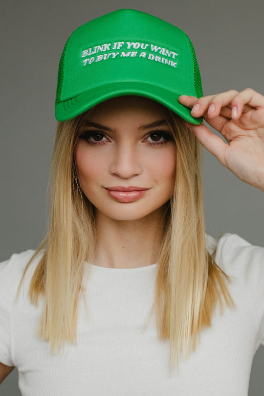 blink if you want to buy me a drink trucker hat, green trucker hat, colorful trucker hat, women's trucker hat