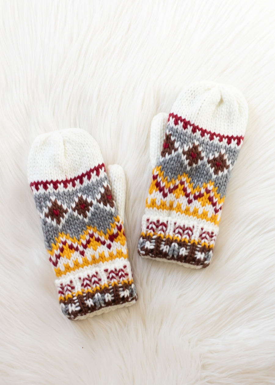 Pair of knitted mittens with a geometric pattern on a white background