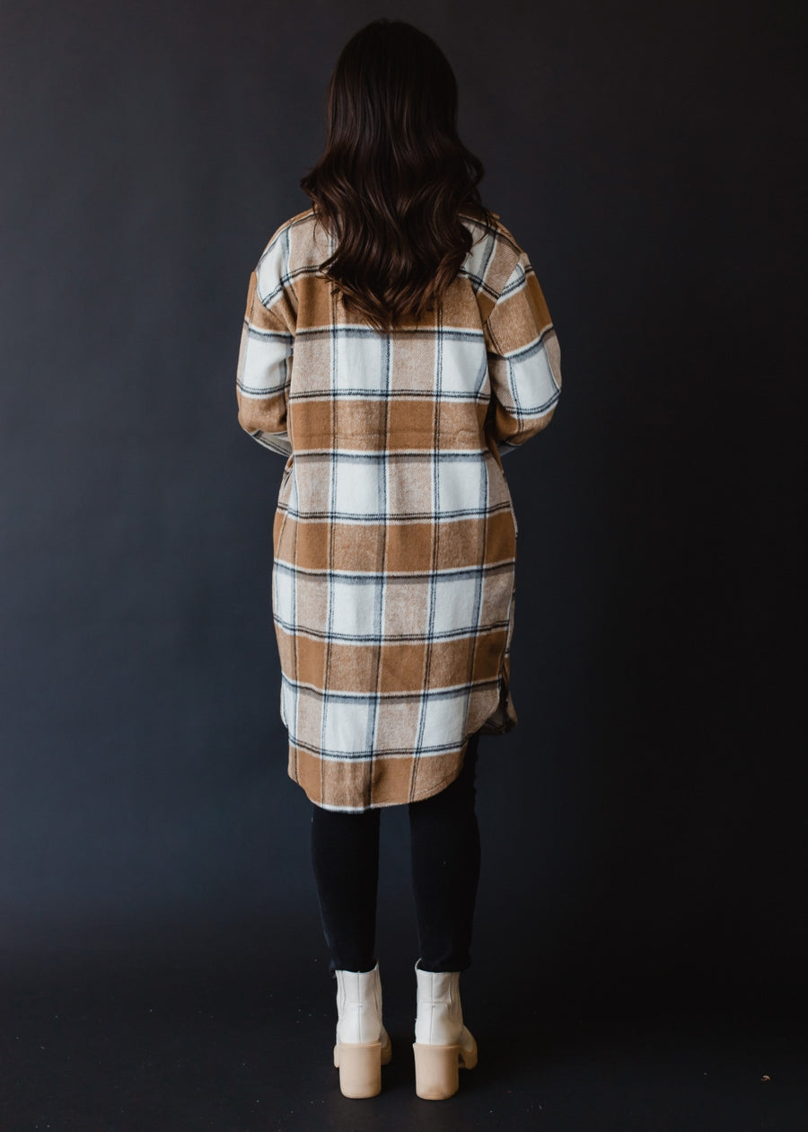 tan and cream neutral plaid long flannel