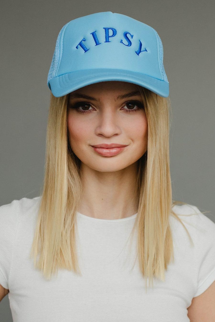 light blue tipsy trucker hat, tipsy trucker hat, light blue trucker hat, monochromatic trucker hat, women's trucker hat