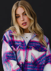blue, pink and white plaid jacket, colorful jacket