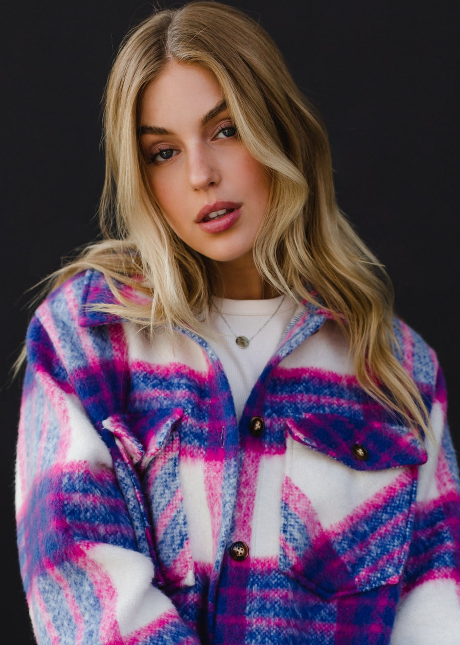 blue, pink and white plaid jacket, colorful jacket