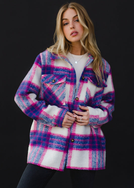 blue, pink and white plaid jacket, colorful jacket