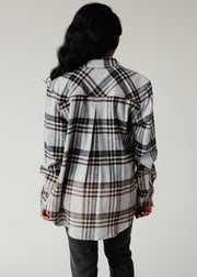 gray, tan, black and olive plaid flannel