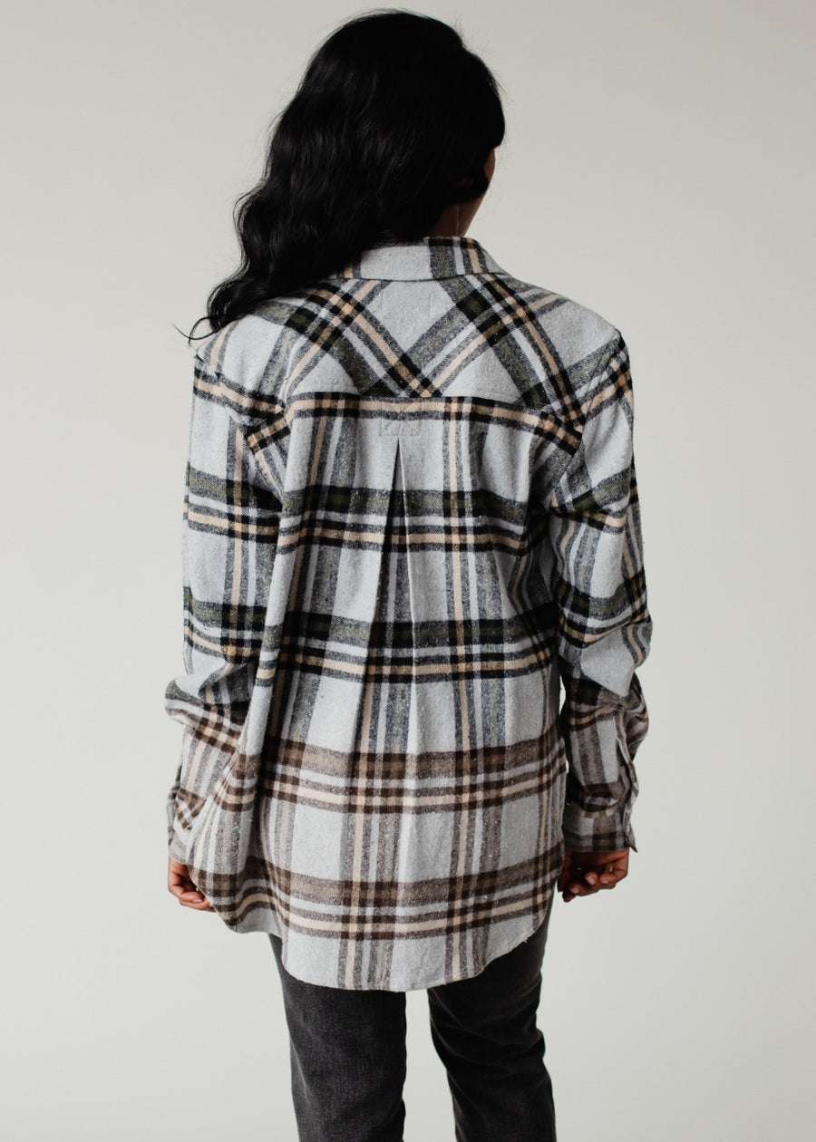 gray, tan, black and olive plaid flannel