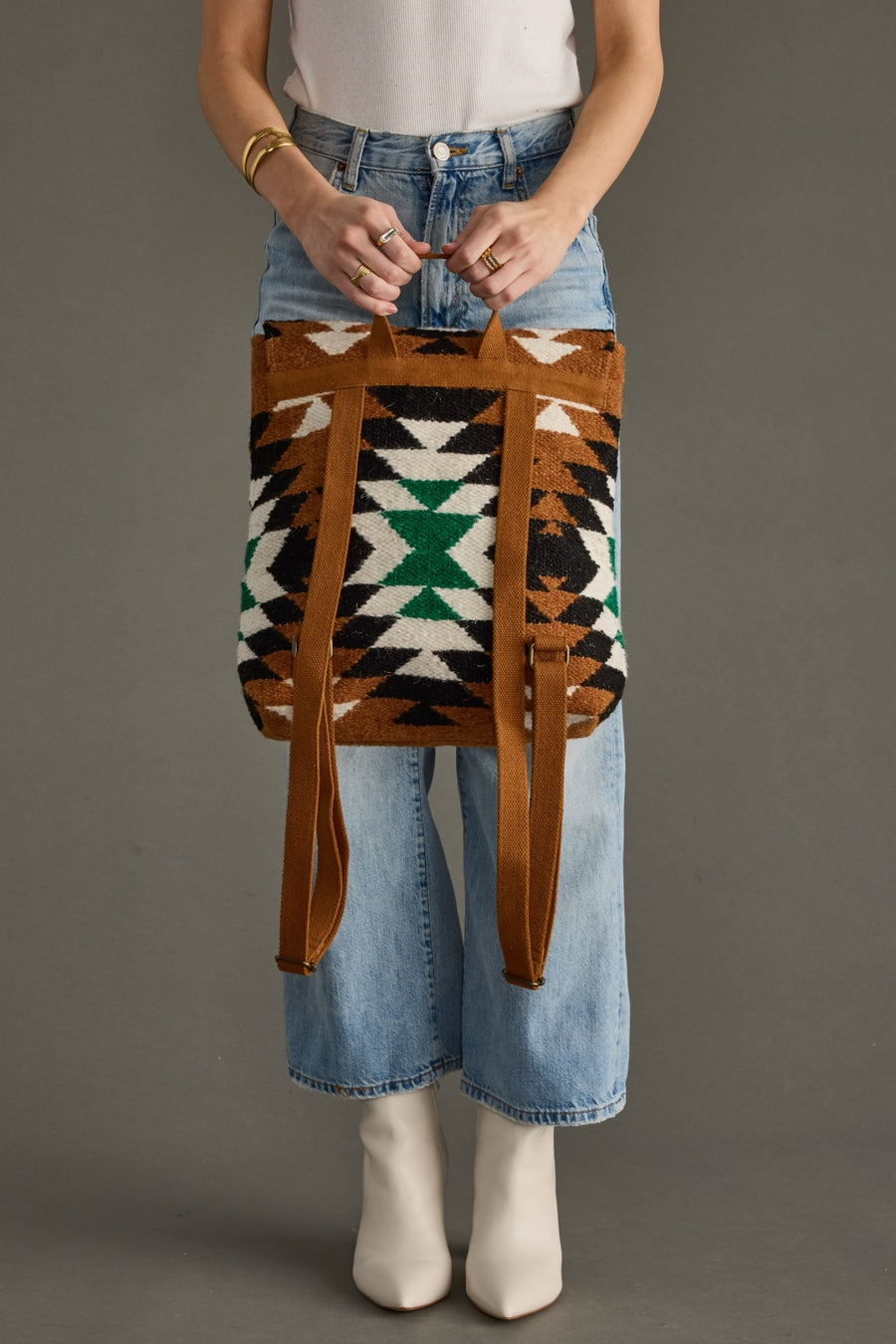 brown, black, green and white western backpack, western backpack, Aztec inspired backpack, women's backpack