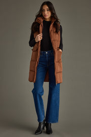 brown long puffer vest, long vest, neutral vest, women's vest, fall vest