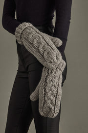 Person wearing gray knit mittens against a neutral background