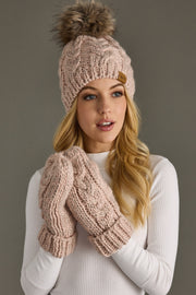 Blush cable knit pom hat