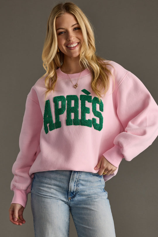 light pink and green apres sweatshirt, apres sweatshirt, light pink sweatshirt, oversized sweatshirt, colorful sweatshirt, women's sweatshirt, ski trip