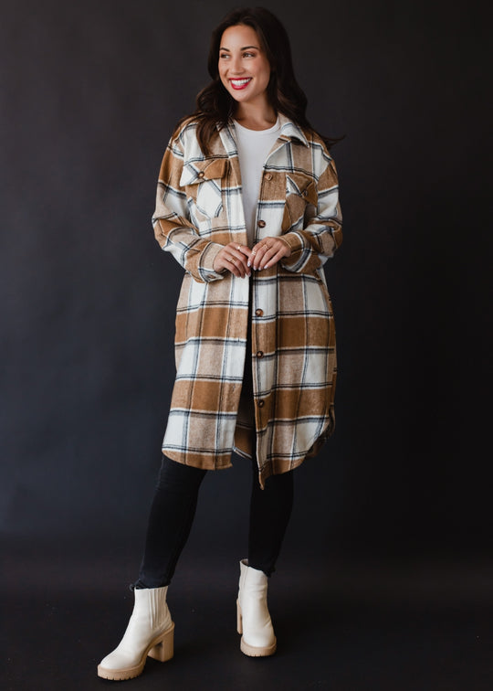 tan and cream neutral plaid long flannel