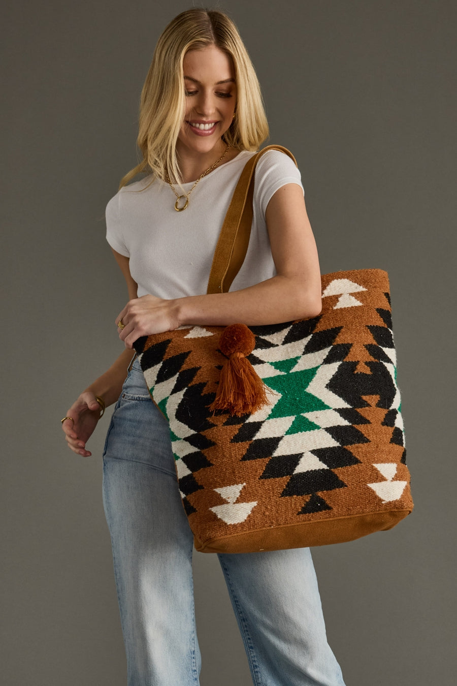 brown, black, green and white western-inspired tote, western tote, travel tote, women's tote bag