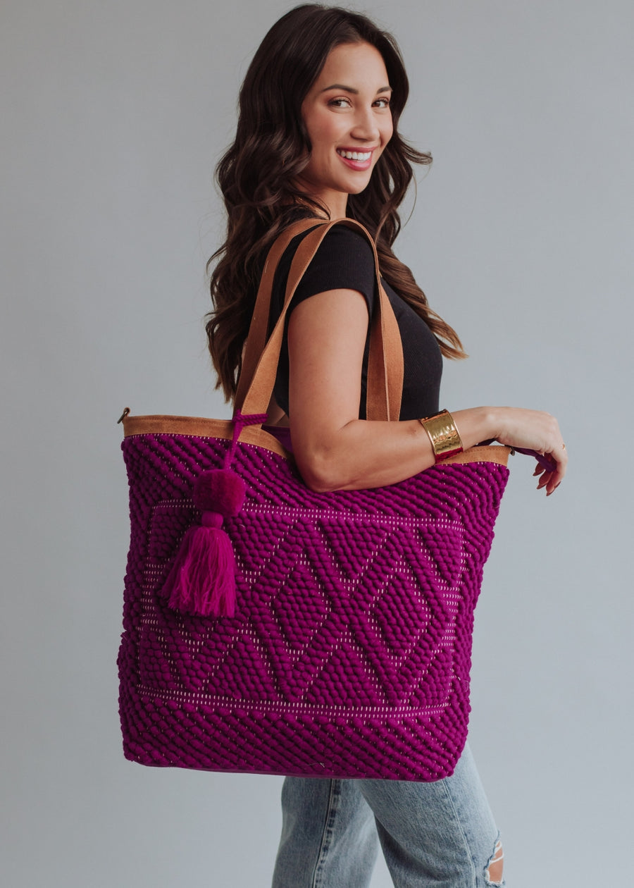 magenta tote bag, women's tote bag, travel bag, diamond pattern, tote bag, pom tassel, jewel tone