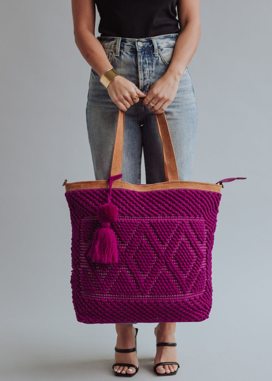 magenta tote bag, women's tote bag, travel bag, diamond pattern, tote bag, pom tassel, jewel tone