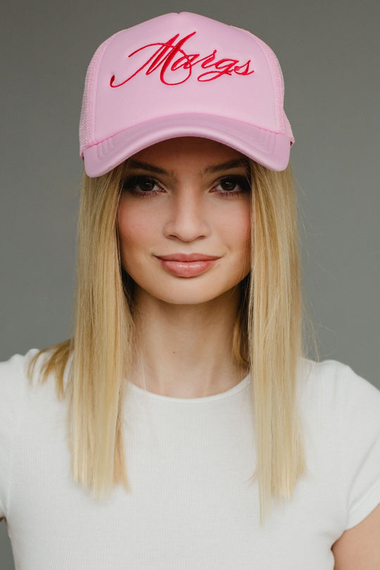 pink margs trucker hat, light pink trucker hat, margs, margs trucker hat, colorful trucker hat