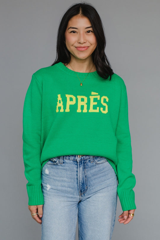 green and yellow apres sweater, apres sweater, green sweater, ski sweater, women's sweater