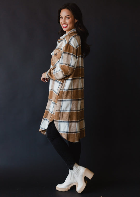 tan and cream neutral plaid long flannel