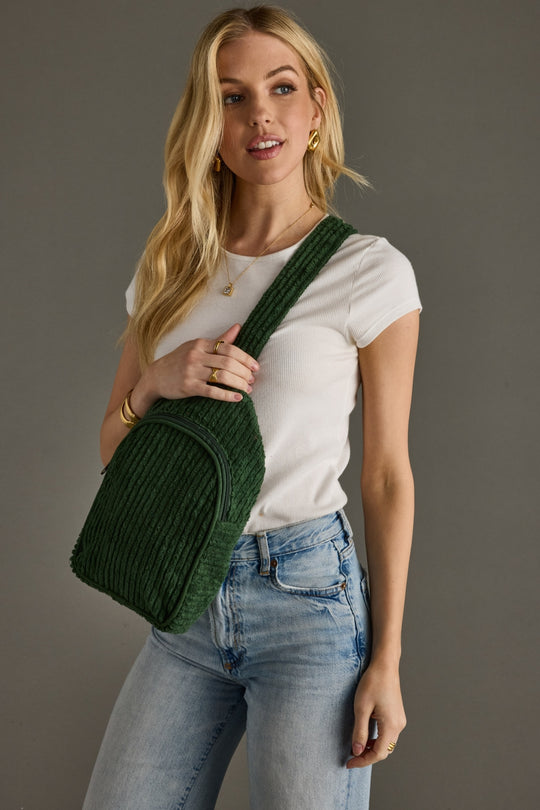 dark green corduroy sling bag