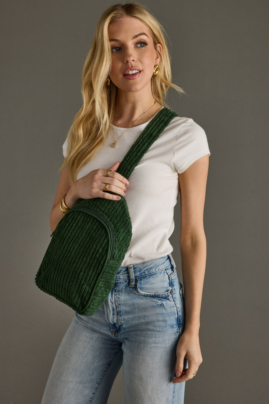 dark green corduroy sling bag
