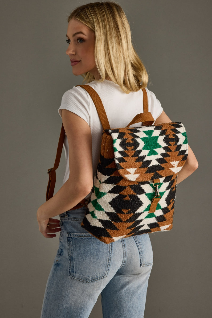 brown, black, green and white western backpack, western backpack, Aztec inspired backpack, women's backpack