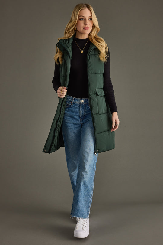 dark green long puffer vest, long vest, fall vest, layering piece