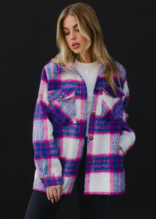blue, pink and white plaid jacket, colorful jacket