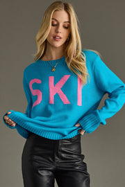 blue and pink ski sweater, ski sweater, bright blue sweater, colorful sweater, women's sweater