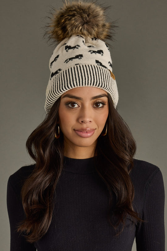 ivory and black horse pattern pom hat, neutral pom hat, horse pattern, women's pom hat, winter hat