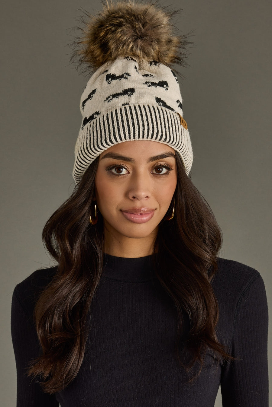 ivory and black horse pattern pom hat, neutral pom hat, horse pattern, women's pom hat, winter hat