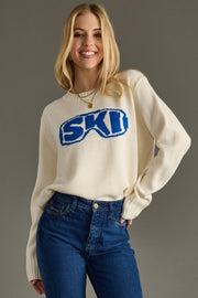 cream and blue ski goggles sweater, cream sweater, ski goggles sweater, ski sweater, women's sweater, ski trip