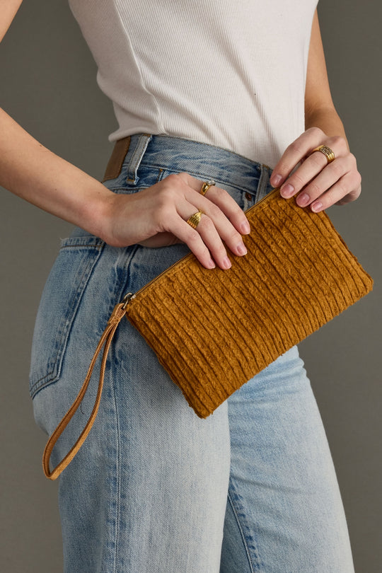 mustard corduroy clutch