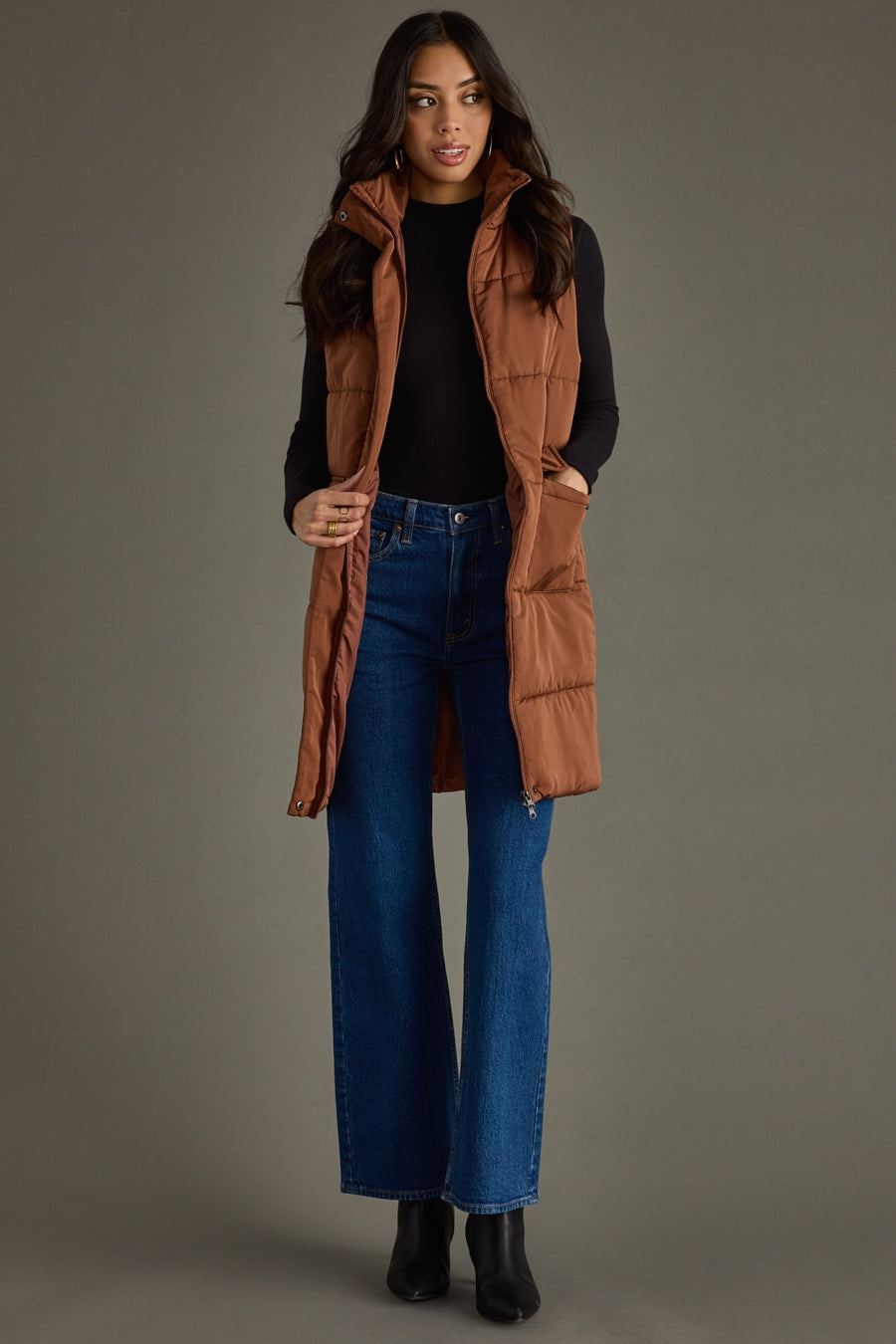brown long puffer vest, long vest, neutral vest, women's vest, fall vest
