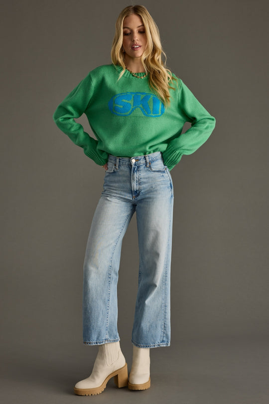 green and blue ski goggle sweater, green sweater, ski sweater, colorful sweater, women's sweater, ski trip