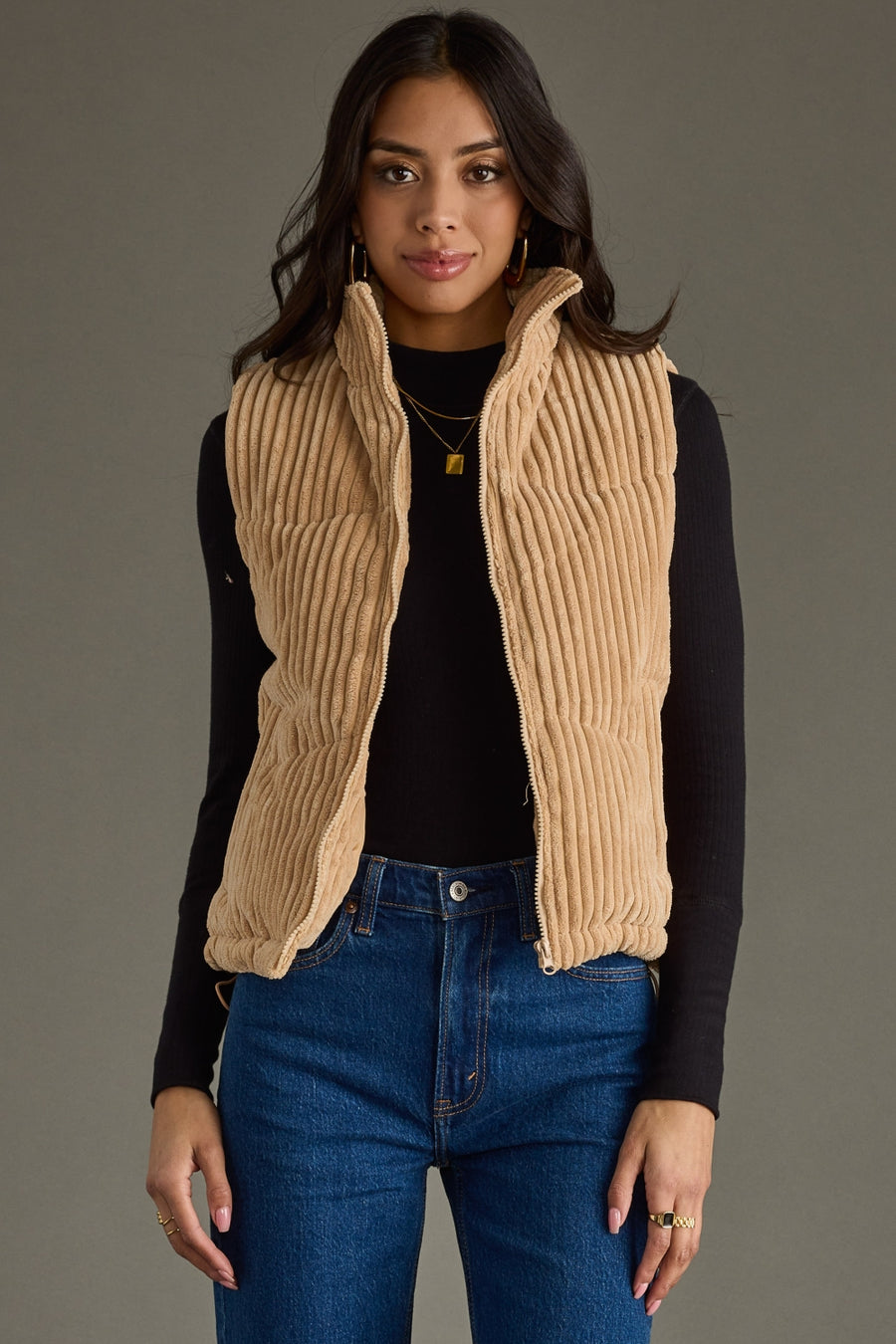 Close-up of Panache Apparel’s tan Taysha vest featuring corduroy texture and button details.