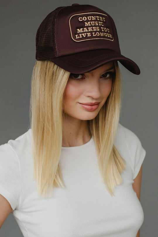 brown and tank country music trucker hat, country music makes you live longer, brown trucker hat, neutral trucker hat, women's trucker hat