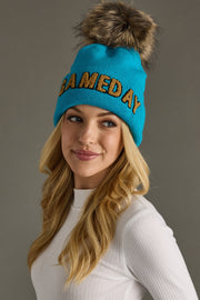 bright blue and tan game day pom hat, game day hat,  Honolulu blue, bright blue pom hat, winter hat, women's pom hat