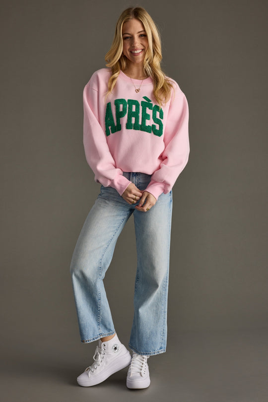 light pink and green apres sweatshirt, apres sweatshirt, light pink sweatshirt, oversized sweatshirt, colorful sweatshirt, women's sweatshirt, ski trip