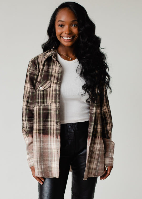green, tan and black plaid flannel